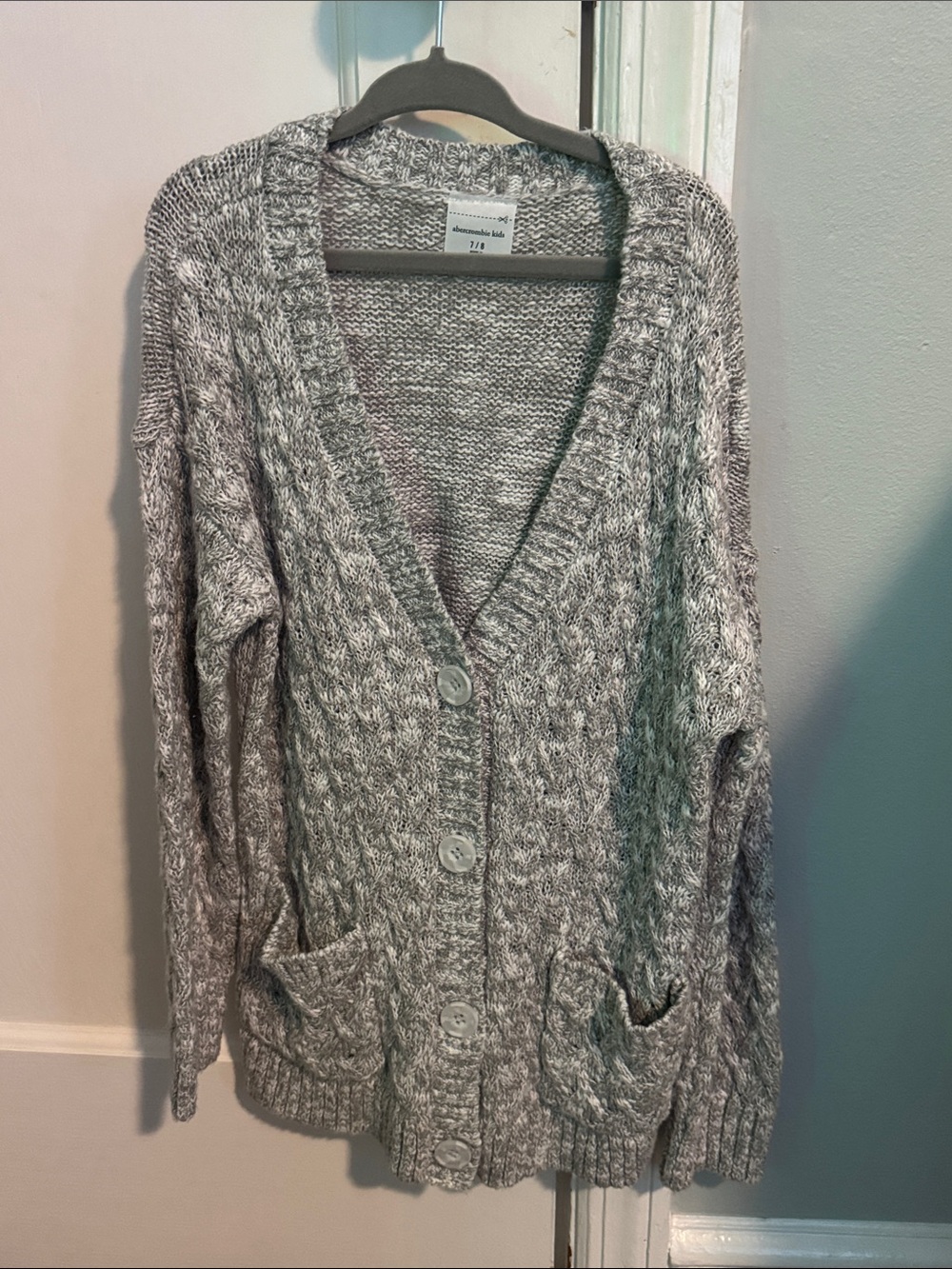 NEW! Abercrombie kids - girls Cozy Gray Cable-Knit Button Cardigan Sweater 7/8